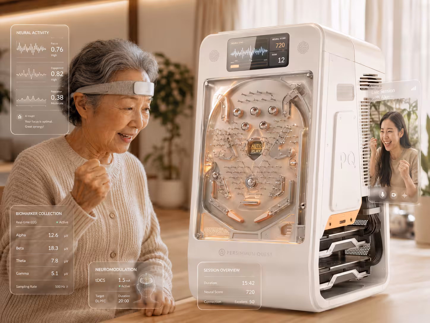 Older adult wearing Persimmon Quest qBand Controller while using a guided mobile session.