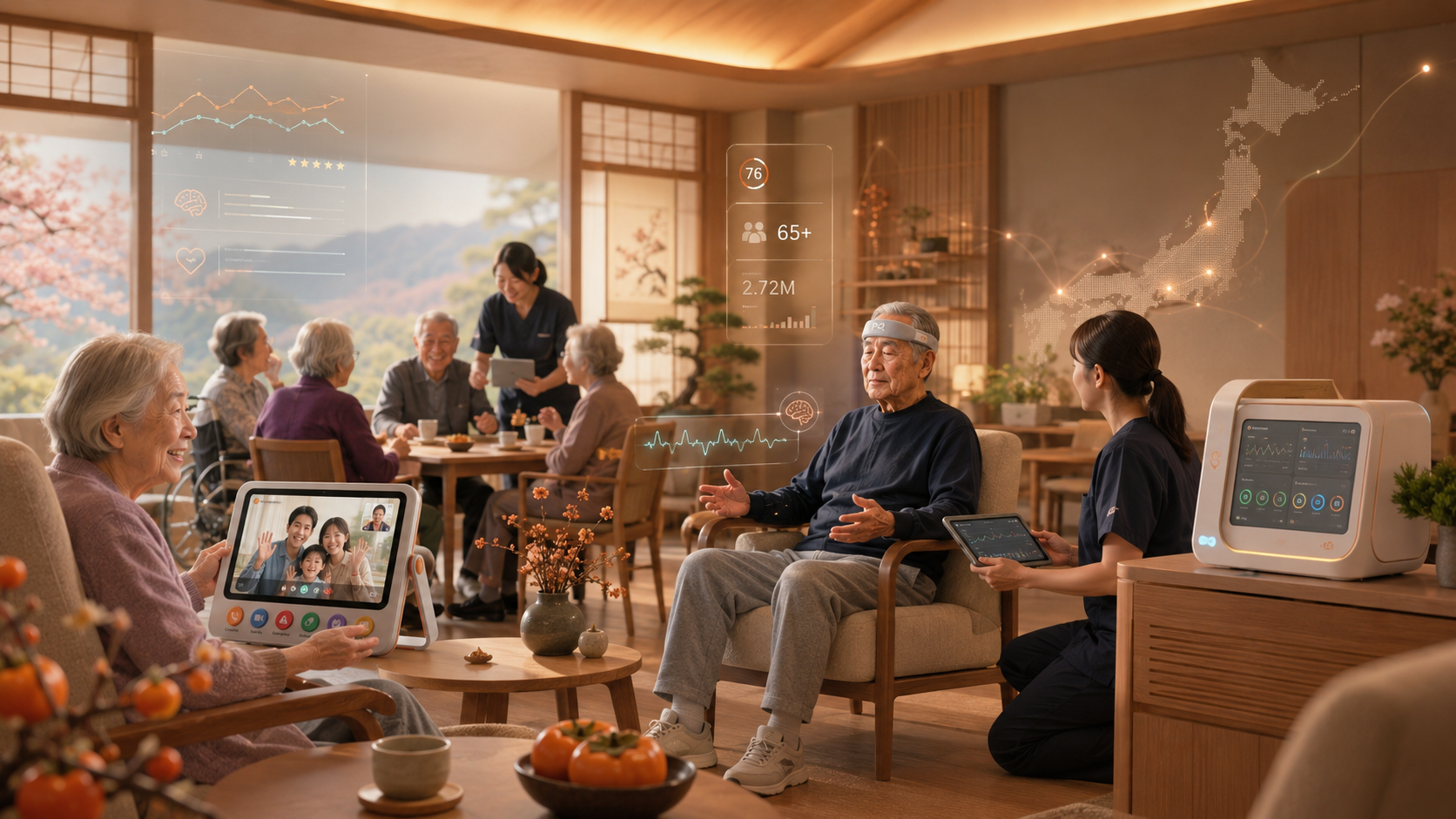 Japanese elderly residents and care staff using Persimmon Quest qBand Controller, qPad Oasis, and qCore Pillar during supervised cognitive engagement.