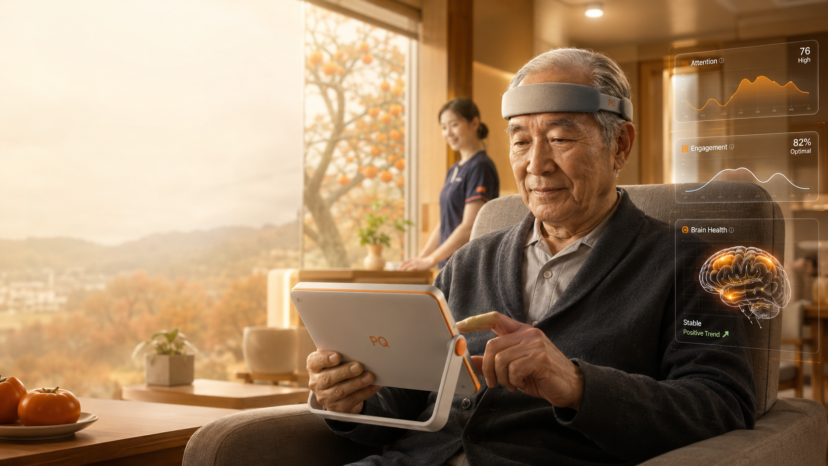 Japanese elderly resident wearing Persimmon Quest qBand Controller while using qPad Oasis in a care facility.