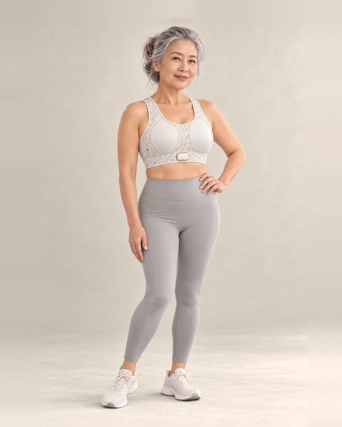Woman wearing the Breather Top in Pearl