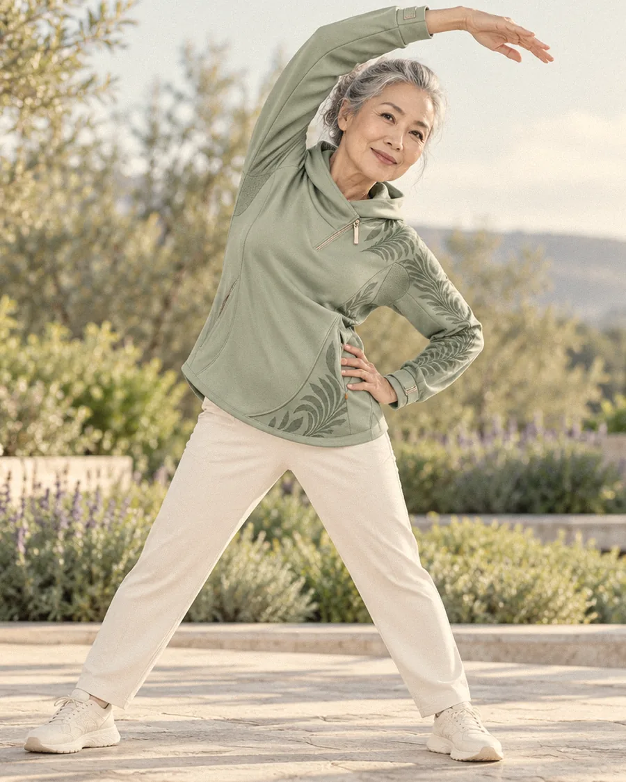 Woman reaching into a side stretch in a garden, wearing the Sage Movement Hood
