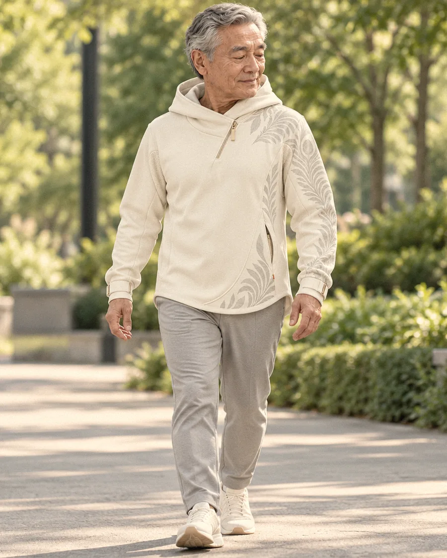 Man in his seventies walking briskly along a park path in the Pearl Movement Hood