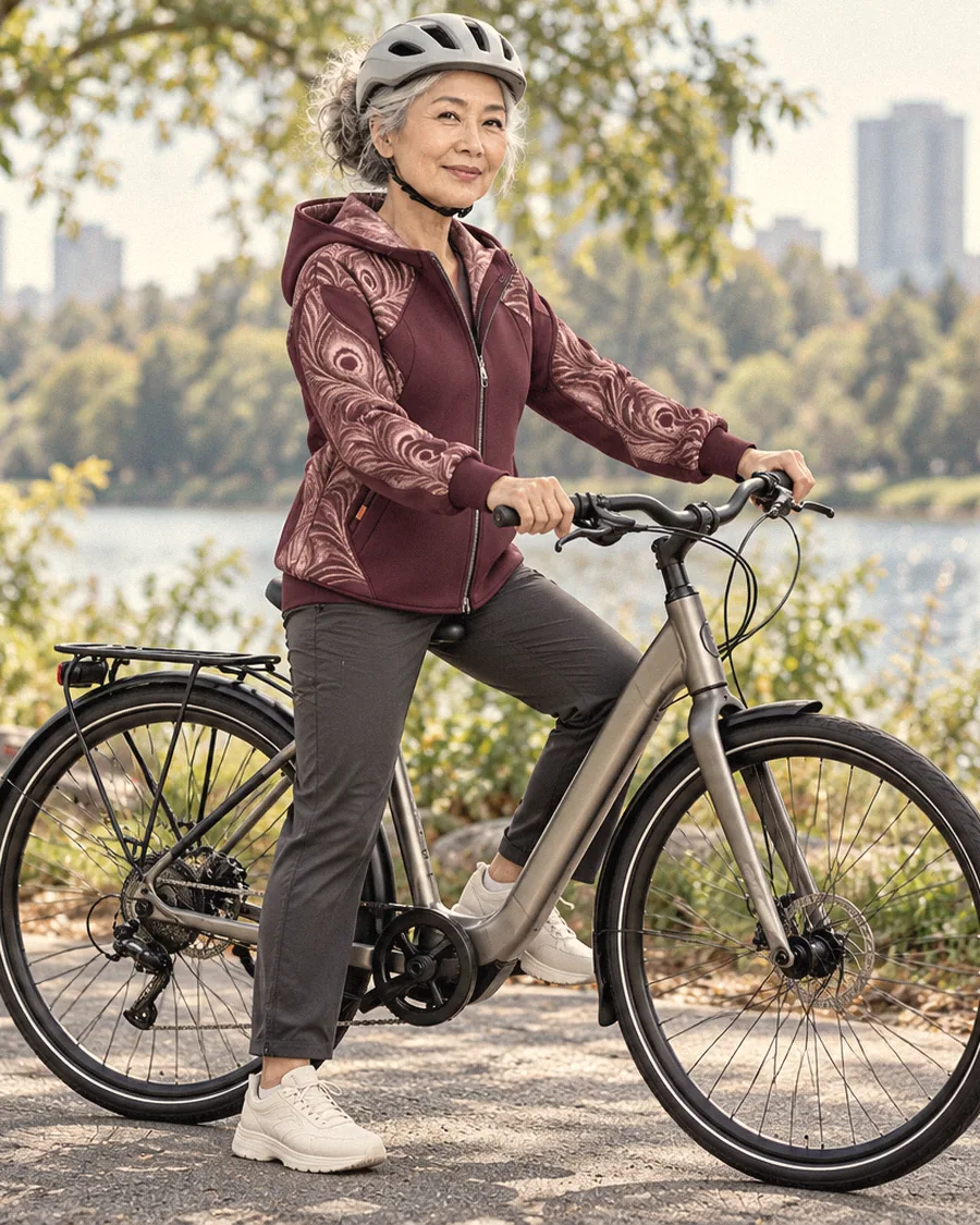 Woman with her bicycle by the river, wearing the Burgundy Quest Hood