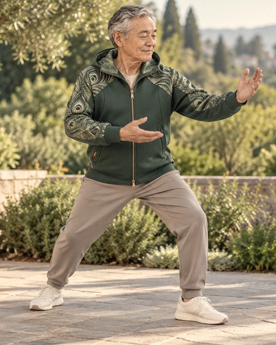 Man practising tai chi in a garden, wearing the Pine Quest Hood