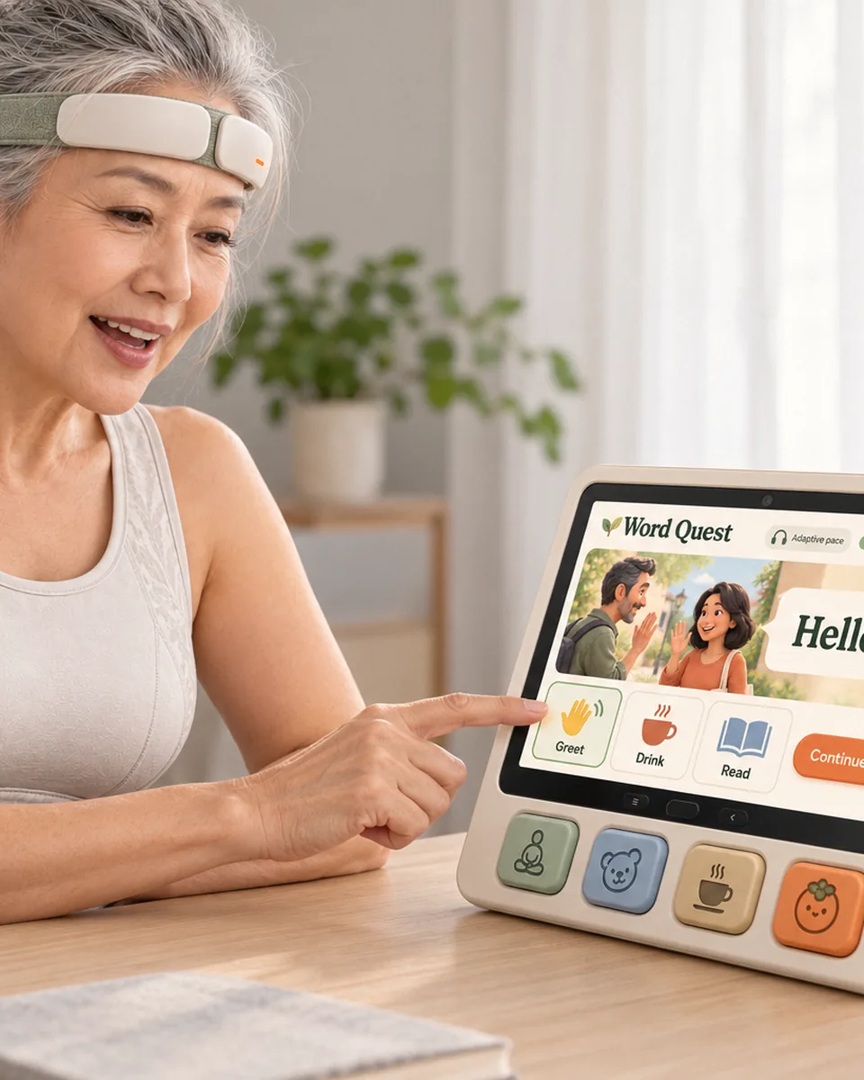 Woman wearing Brainwear Duo, tapping a Word Quest card on qPad