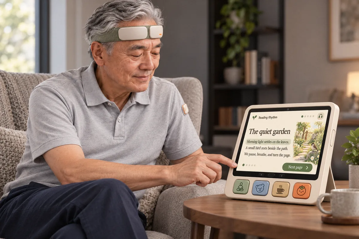Man reading The quiet garden on qPad while wearing Brainwear Duo
