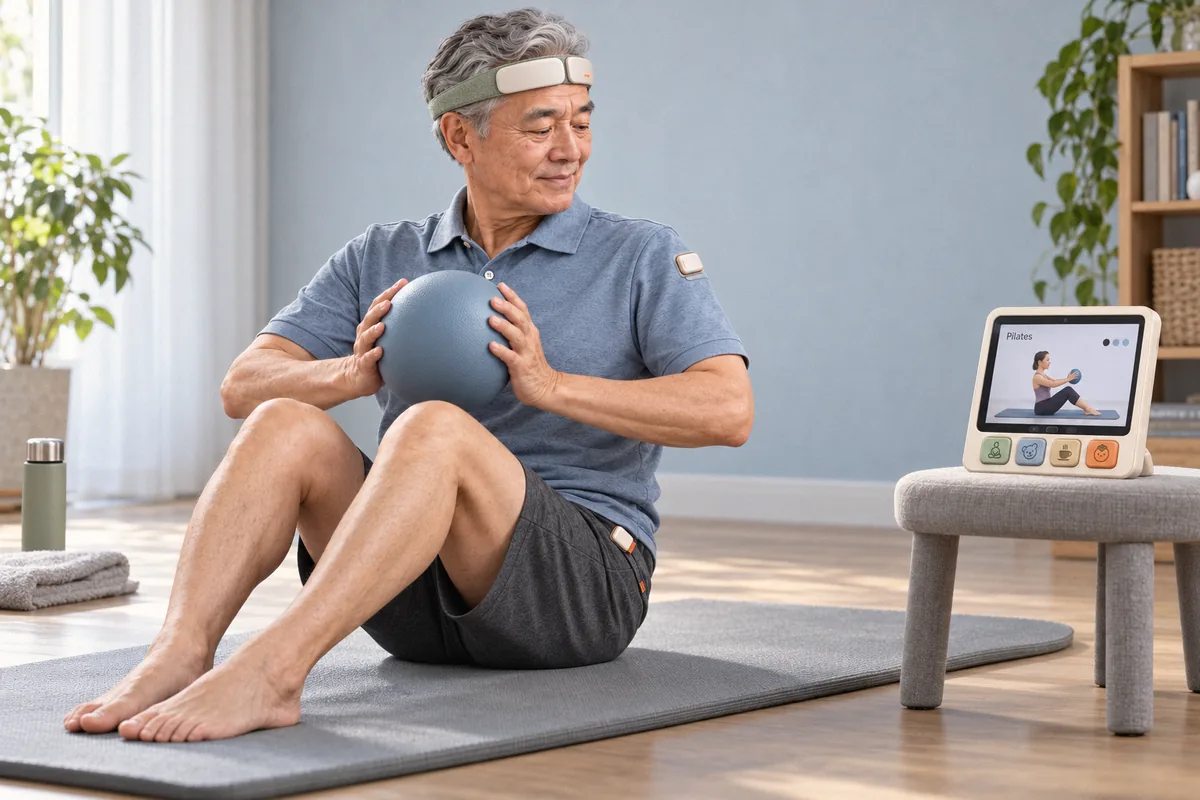 Man doing a seated core exercise with a ball, following a coach on qPad