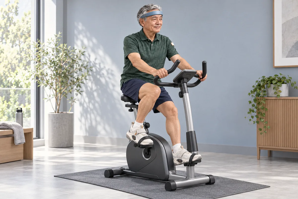 Man on an exercise bike at home, wearing a blue headband