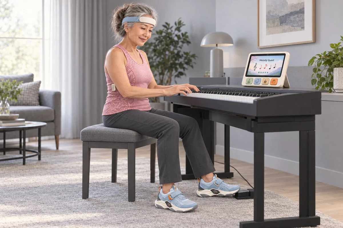 Woman playing a keyboard at home, wearing a headband, with qPad on the music stand