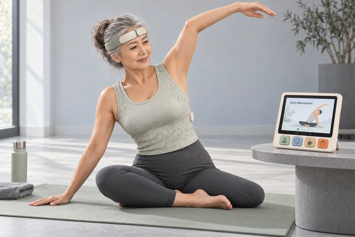 Woman in a side stretch on a mat, wearing Brainwear Duo, with Daily Movement on qPad