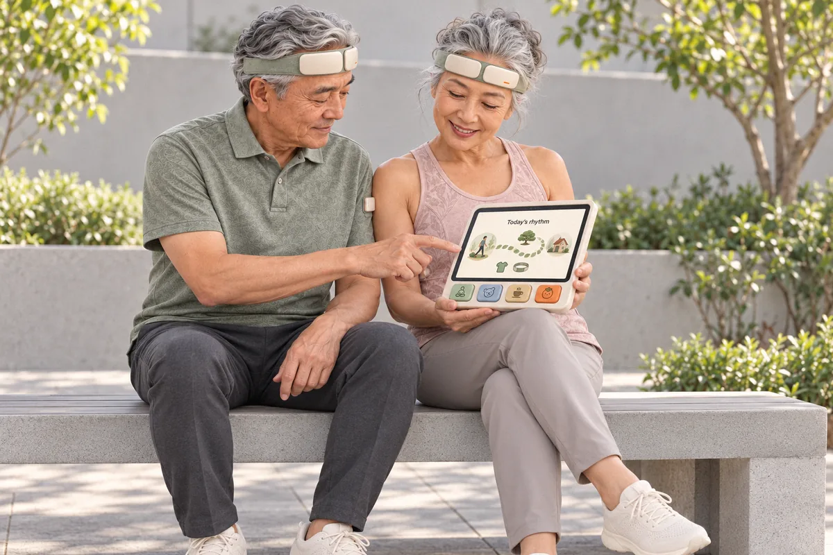 Couple on a bench, both wearing Brainwear Duo, looking at Today's Rhythm on qPad