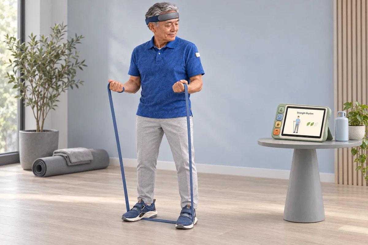 Man in a blue polo stretching a resistance band, wearing a blue headband, with qPad on a side table