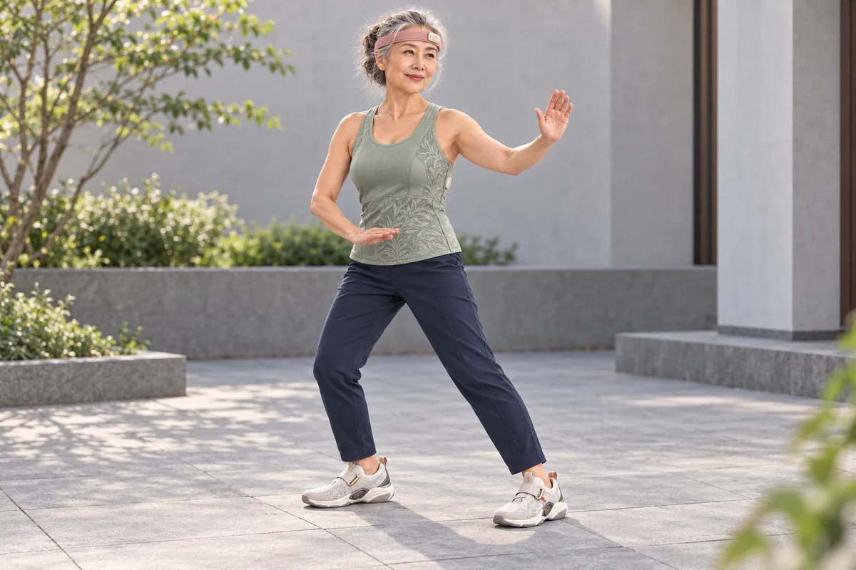 Woman practising tai chi in a courtyard, wearing a headband