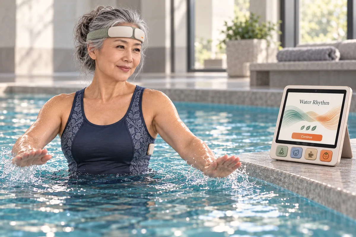 Woman in a pool wearing Brainwear Duo, following Water Rhythm on qPad at the edge