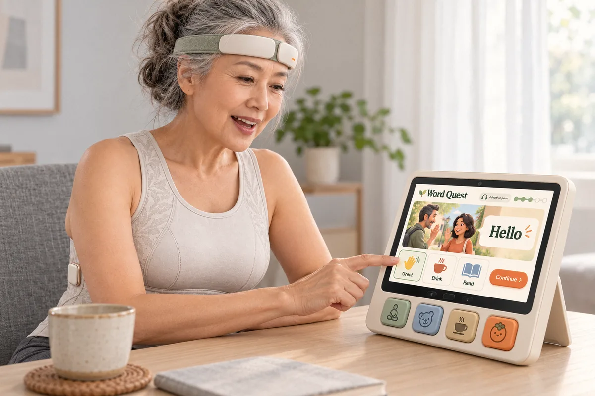 Woman wearing Brainwear Duo, tapping a Word Quest card on qPad