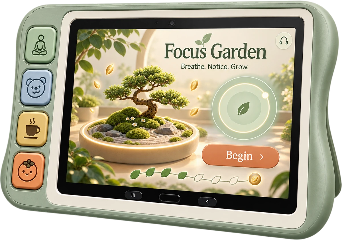 qPad showing Focus Garden, a breathing session, with its four keys along the side