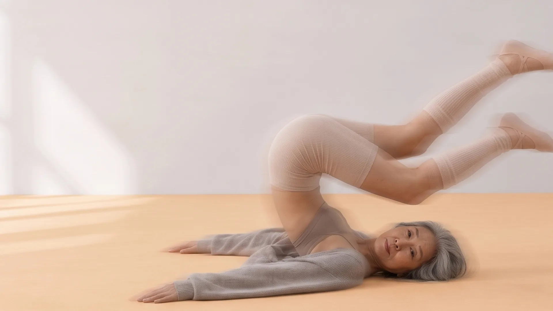 Woman in her seventies lifting her legs in a Pilates roll, shown as a motion trail